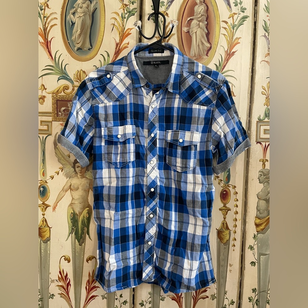 Buckle Black Size Large Blue and White Plaid Button Up